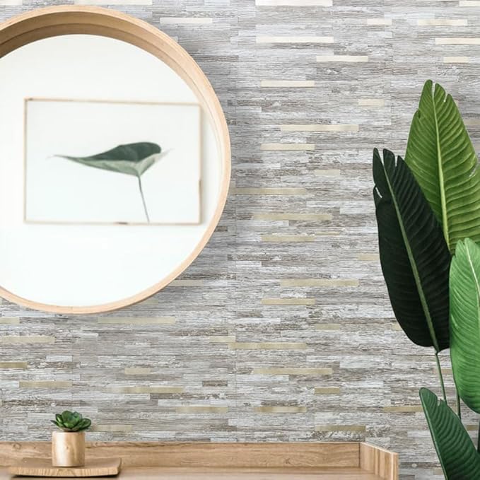DICOFUN 10-Sheet Peel and Stick Backsplash Tile, Brown Birch Wood Look PVC Mixed Metal Gold Stick on Backsplash Tiles for Kitchen, 9.4 sq.ft