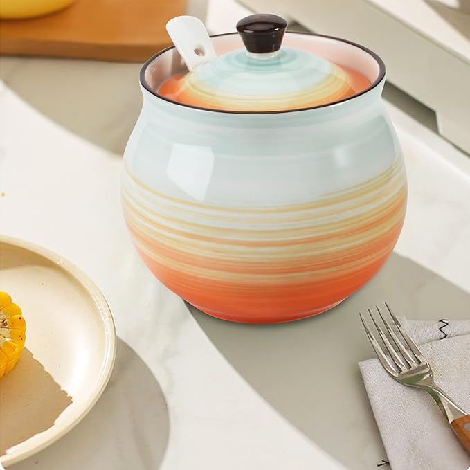 Koythin Ceramic Bacon Grease Container with Strainer, 23 oz Suitable for Storing Frying Oil and Cooking Grease (Cyan and Orange)