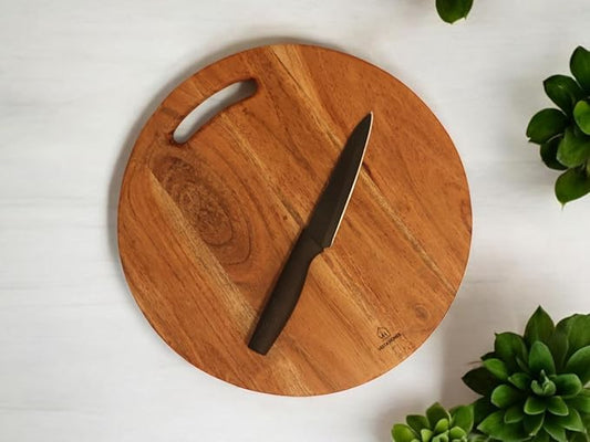 Vesta Homes Wooden Round Cutting Board | 12 * 12 Inches | Chopping Board/Serving Platter for Pizza, Vegetables, Fruits, Cheese and Charcuterie | Natural Acacia Wood | Handcrafted in India
