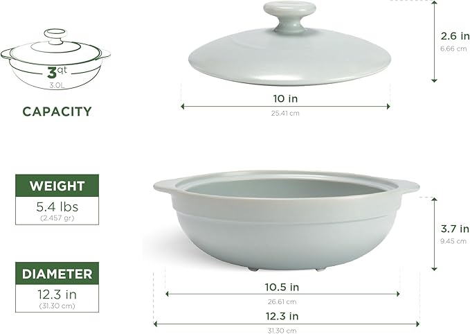 MINH LONG 3-Qt Porcelain Dutch Oven Pot with Lid, Lead & Cadmium Free, Oven Safe Casserole Dish with Lid, Clay Pot for Cooking on Gas & Infrared Cooktop, Use to Marinate, Cook, Bake, Refrigerate & Serve