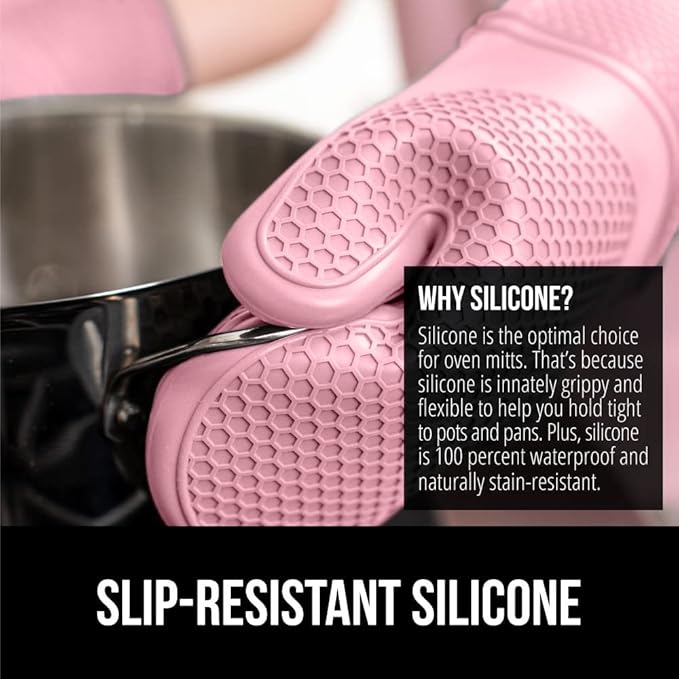 GORILLA GRIP BPA-Free Soft Silicone Oven Mitts, Heat Resistant and Waterproof Cooking Gloves, Thick Cotton Lining, Flexible Gripping for Baking Grilling, Kitchen Potholders Set of 2, 12.5x8.3, Pink