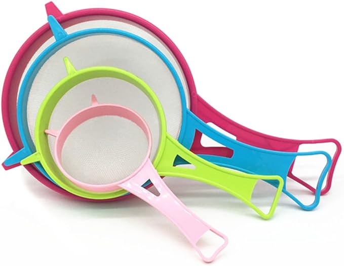 4Pcs Plastic Mesh Strainer Colander Set, Food Soy Milk Flour Sieve Long Handle Sieve Strainer Icing Sugar Sifters Fine Strainer Tea Filter