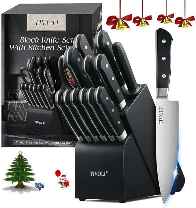 TIVOLI 2025 Knife Set 15 PCS High Carbon Stainless Steel Kitchen Knife Sets with Block & Honing Rod, Premium Razor-Sharp Black Knives Block Set for Kitchen, Ergonomic Full-Tang Handle