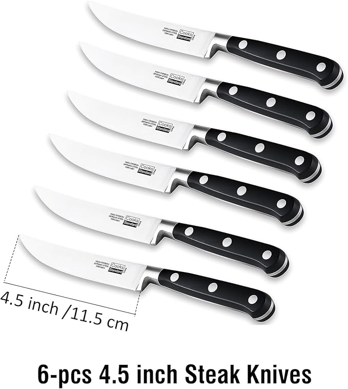 Cooks Standard Steak Knives Set 6-Piece, High Carbon Stainless Steel Classic Sharp Kitchen Steak Knife, Ergonomic Handle,Black