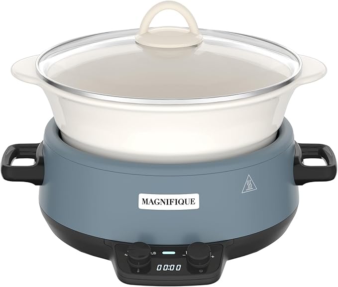 MAGNIFIQUE Small 5 Quart Round Casserole Programmable Slow Cooker with Glazed Ceramic Liner, Food Warmer Perfect Kitchen Small Appliance for Family Dinners, Blue