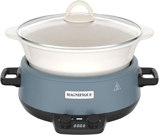 MAGNIFIQUE Small 5 Quart Round Casserole Programmable Slow Cooker with Glazed Ceramic Liner, Food Warmer Perfect Kitchen Small Appliance for Family Dinners, Blue