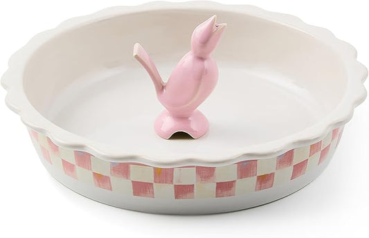 MACKENZIE-CHILDS Everyday Pie Plate with Pie Bird, Stoneware Pie Pan for Baking and Serving, Pink-and-White Rosy Check