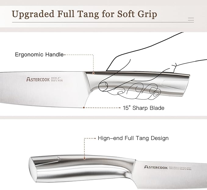 Astercook Knife Set, Kitchen Knives Set with Block and Sharpener Full Tang 15 Pcs Premium Stainless Steel Knives Ultra Sharp Blade Dishwasher Safe Knife Set with Anti-slip Ergonomic Handle, Walnut