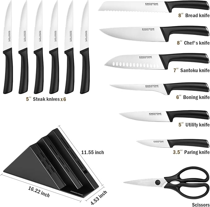 KINGSTONE 14-Piece Knife Block Set, Precision-Honed High-Carbon Stainless Steel Knives with Long-Lasting Sharpness, Ergonomic Balanced Handles for Home & Serious Cooks, Black