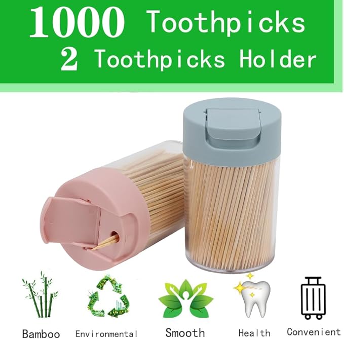 Toothpick Dispenser, 1000 Count Bamboo Toothpicks with 2 Reusable Toothpick Dispenser, Sturdy Smooth Health Toothpicks for Party, Bar, Olive, Barbecue, Fruit and Teeth Cleaning