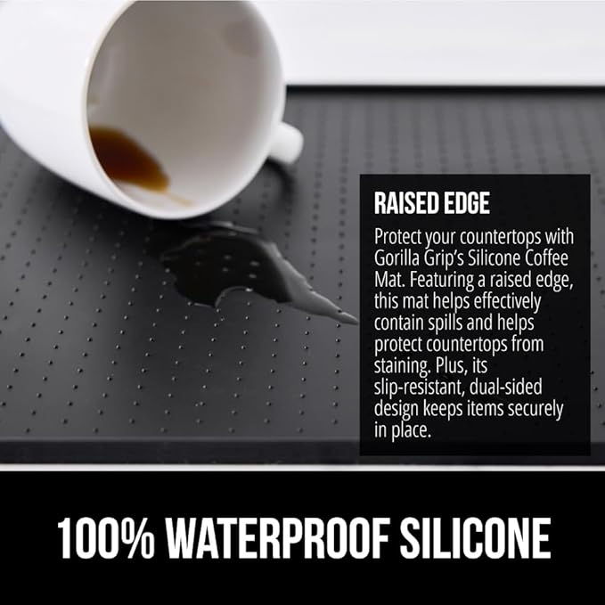 GORILLA GRIP Silicone Coffee Mat, 18x28, Espresso Machine Bar Accessories, Keep Kitchen Counters Clean, Stays in Place, Waterproof and Heat Resistant Dish Drying Mats, Home Decor Essentials, Black