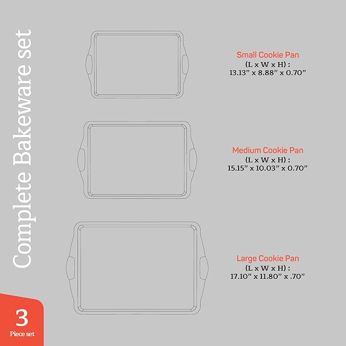 Emporio Kitchen Baking Pan Set - Nonstick Coating, Carbon Steel Bakeware Set with Red Silicone Handles, PFOA, PFOS, PTFE Free, Recipe Booklet Included, Oven Safe Tray (Up To 450° F), Set of 3 - Black