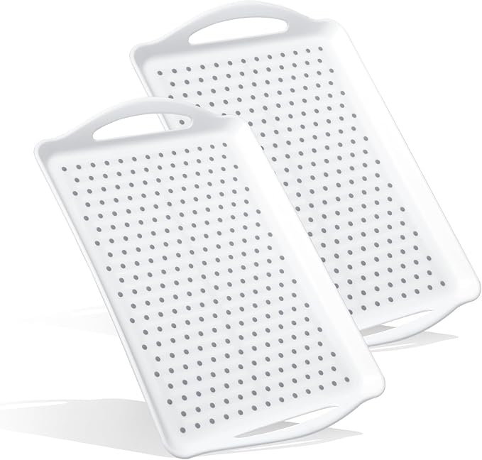 2 Pcs Large Rectangular Non Slip Serving Tray with Handles, Silicone Gripping Nubs Lap Food Trays for Eating, Dishwasher Safe Serve for Dinner Snack Fruit Dessert Beverage, Rectangular(White)