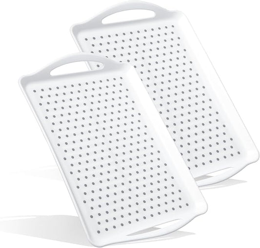 2 Pcs Large Rectangular Non Slip Serving Tray with Handles, Silicone Gripping Nubs Lap Food Trays for Eating, Dishwasher Safe Serve for Dinner Snack Fruit Dessert Beverage, Rectangular(White)