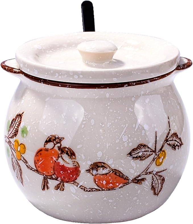 Ceramic Sugar Bowl with Lid and Spoon, Porcelain Sugar Container for Coffee Bar, Kitchen Countertop, Japanese Style Sugar Holder Sugar Pot for Salt Creamer, Dishwasher Safe (ny)