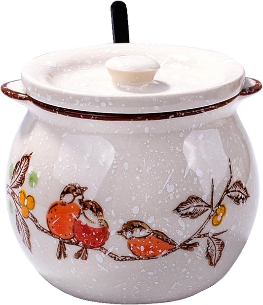 Ceramic Sugar Bowl with Lid and Spoon, Porcelain Sugar Container for Coffee Bar, Kitchen Countertop, Japanese Style Sugar Holder Sugar Pot for Salt Creamer, Dishwasher Safe (ny)
