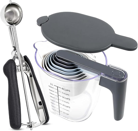 Measuring Cups and Spoons set 11-Piece, Stackable Measuring Cup with Lid and Cookie Scoop (#50), BPA Free, Dishwasher Safe, Cooking Baking Gadgets