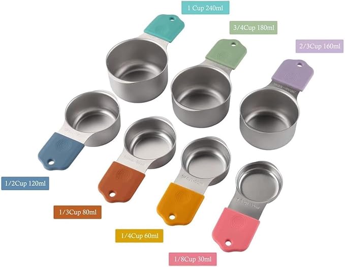 Magnetic Measuring Cups and Spoons Set 16Pcs, 304 Stainless Steel with Multicolor Silicone Handles, 7 Cups + 8 Spoons + 1 Leveler for Baking and Cooking