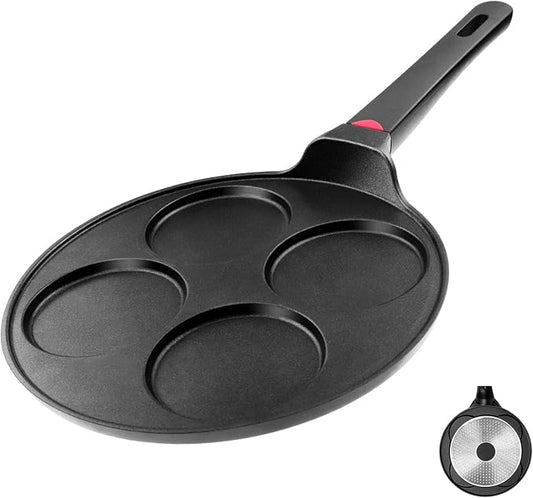 CAINFY Pancake Pan Nonstick-Suitable for All Stovetops & Induction Cooker, 10.5 Inch Mini Silver Dollar Grill Blini Griddle Crepe Pan, 4 Molds Cake Egg Skillet, 100% PFOA Free Coating