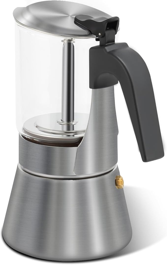 Grasseed Crystal Glass-Top Moka Pot, Brushed Stainless Steel Stovetop Espresso Maker for Italian Coffee - 6 Cup/240ml/8.4oz