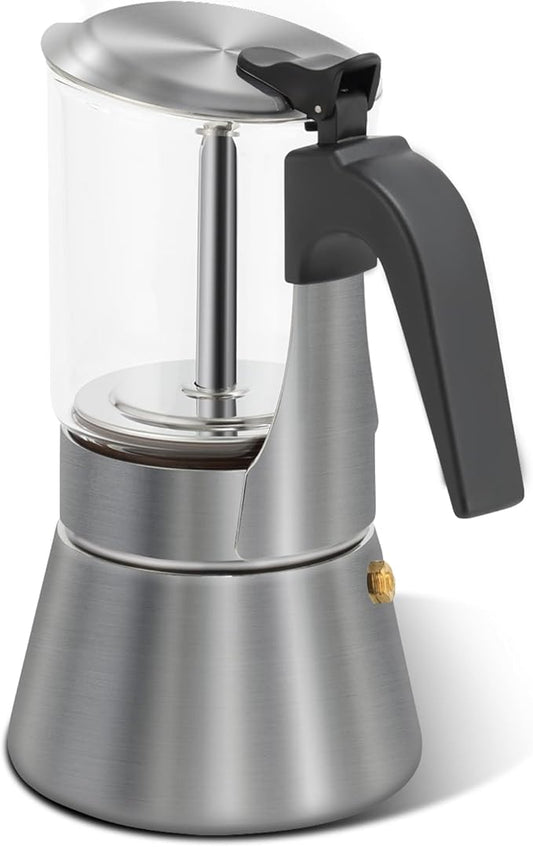 Grasseed Crystal Glass-Top Moka Pot, Brushed Stainless Steel Stovetop Espresso Maker for Italian Coffee - 6 Cup/240ml/8.4oz