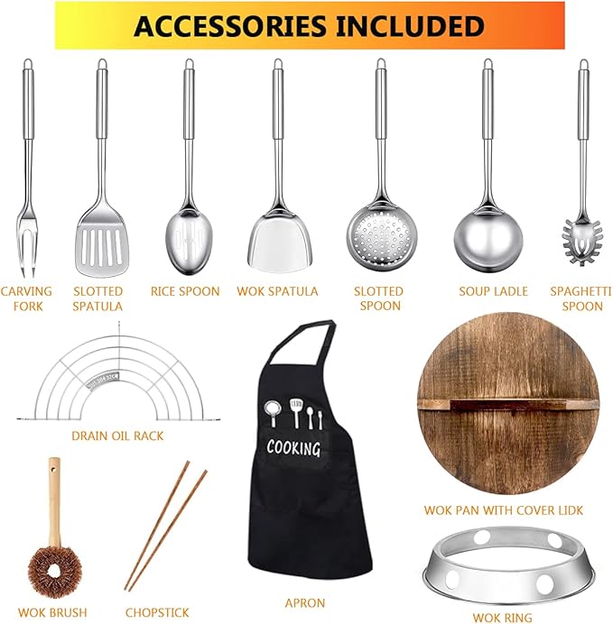 kaqinu Carbon Steel Wok Pan, 14 Piece Woks & Stir-Fry Pans Set with Wooden Lid Cookwares, No Chemical Coated Flat Bottom Chinese Pan for Induction, Electric, Gas, Halogen All Stoves - 12.6''