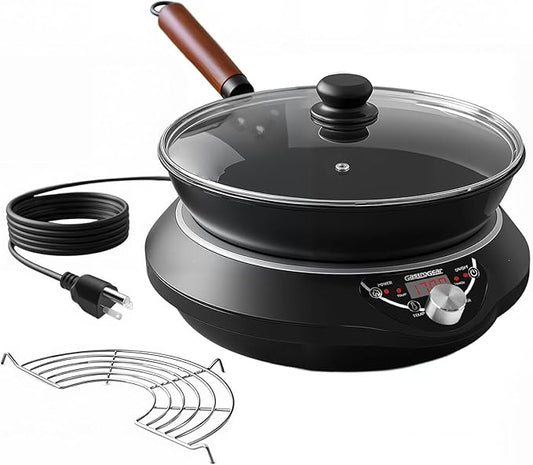 GastroGear Induction Wok Cooktop Set, 2025 New & Improved Electric Skillet Induction Burner w/Carbon Steel Wok, Glass Vented Lid, Rack, 176°F to 464°F, 18 Hrs Timer, Auto-off (Black 110V~120V)