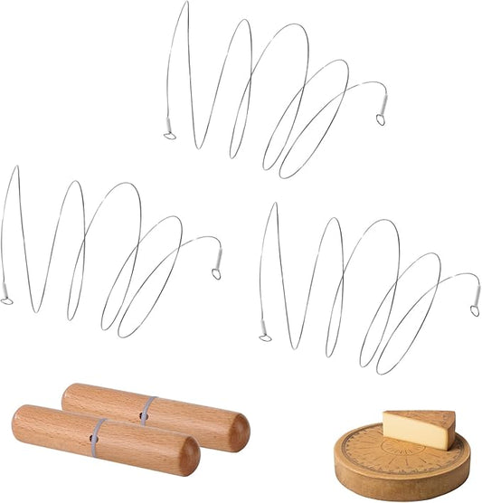 Stainless Steel Cheese Slicer Wire 44"Long-For Soft and Hard Cheese (2 Beech wood handles + 3 Cutting Replacement Wires 44")
