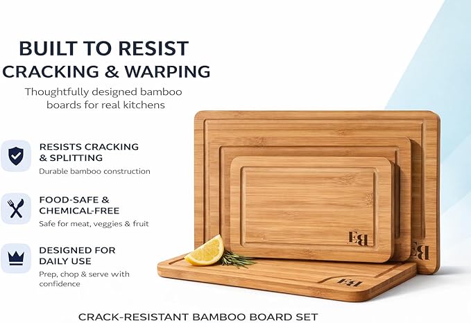 ELITE BLACKSMITH Bamboo Cutting Board Set of 3 – Crack Resistant, Eco-Friendly Cutting Boards with Deep Juice Grooves & Handles – Heavy-Duty Butcher Block for Meat, Charcuterie Board