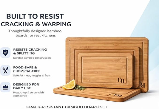 ELITE BLACKSMITH Bamboo Cutting Board Set of 3 – Crack Resistant, Eco-Friendly Cutting Boards with Deep Juice Grooves & Handles – Heavy-Duty Butcher Block for Meat, Charcuterie Board