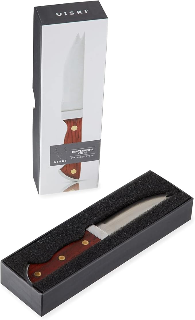 Viski Bartender Knife, 7 Inch Knife, Acacia Wood Handle, Double Tipped Stainless Steel Blade, Bar Knife, Riveted Base, Set of 1