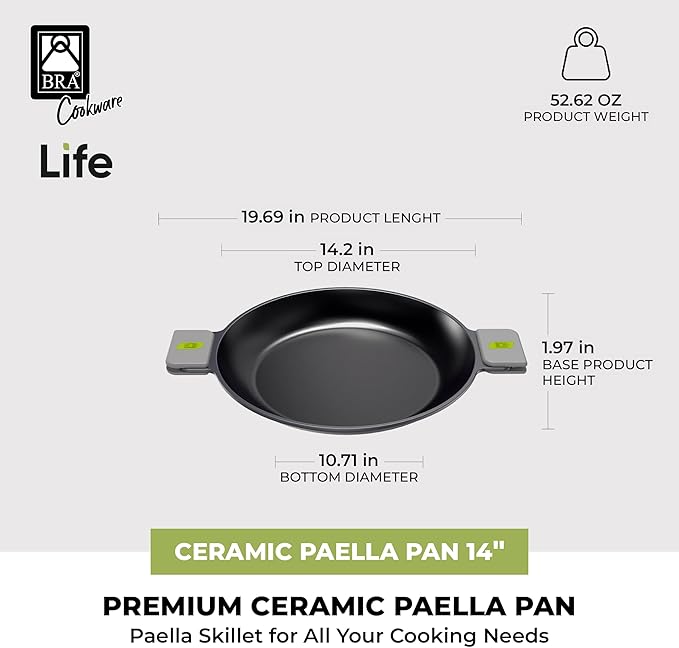 BRA COOKWARE Life Ceramic Nonstick Paella Pan | 14 Inch Recycled Aluminum Spanish Paellera | Ceramic Nonstick Wide Skillet | Oven Safe 425°F | PFOA Free Spanish Paella Skillet | All Cooktops