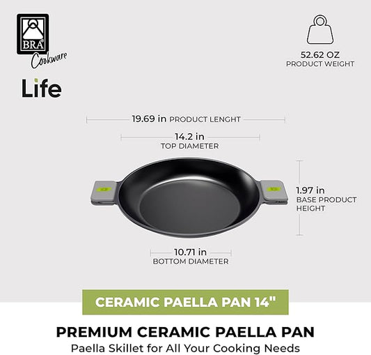 BRA COOKWARE Life Ceramic Nonstick Paella Pan | 14 Inch Recycled Aluminum Spanish Paellera | Ceramic Nonstick Wide Skillet | Oven Safe 425°F | PFOA Free Spanish Paella Skillet | All Cooktops