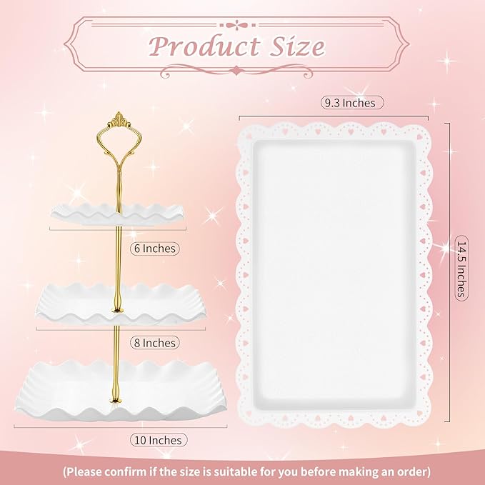 PinCute 5 Pcs Dessert Table Display Set - 2 X Cupcake Stand Holder/Cup Cake Tier Tower & 3 X Serving Tray Combo for Tea Party, Birthday, Baby Shower (Wave Square)