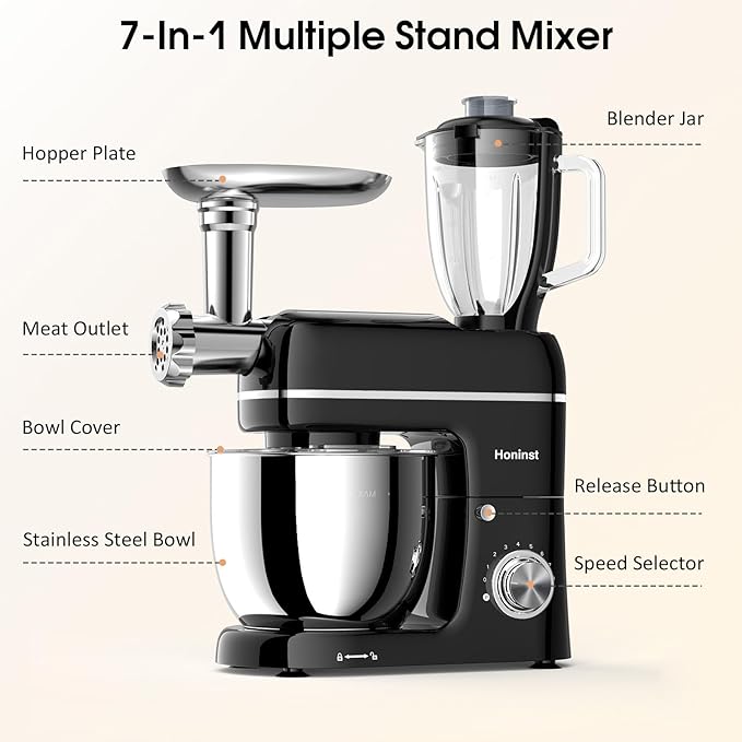 Honinst Stand Mixer, 7-IN-1 6.5QT 660W Multifunctional Electric Kitchen Mixers with Blender, Meat Grinder, Dough Hook, Whisk and Beater, 8-Speed Food Mixer for Baking, Cooking, Food Processing, Black