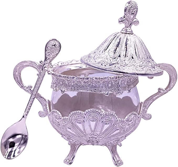 Hourwof Sugar Bowl with Lid and Spoon for Kitchen Coffee Bar and Wedding Party,Metal and Glass Sugar Container for Sugar Cube and Powder Sugar,Spice Condiment Container,Salt Server,Silver