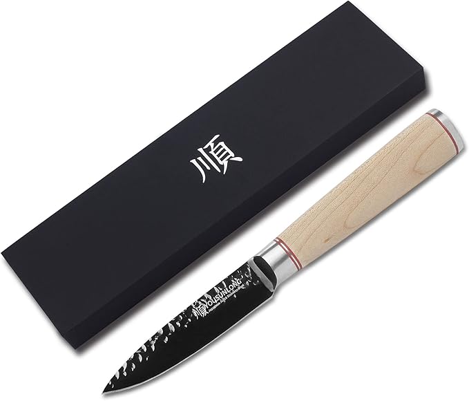 YOUSUNLONG Paring Knife - 3.5" Peeling Knife Razor Sharp - Japanese HRC Steel AUS8 Black Titanium Coating - Natural Canadian Maple Wood Handle