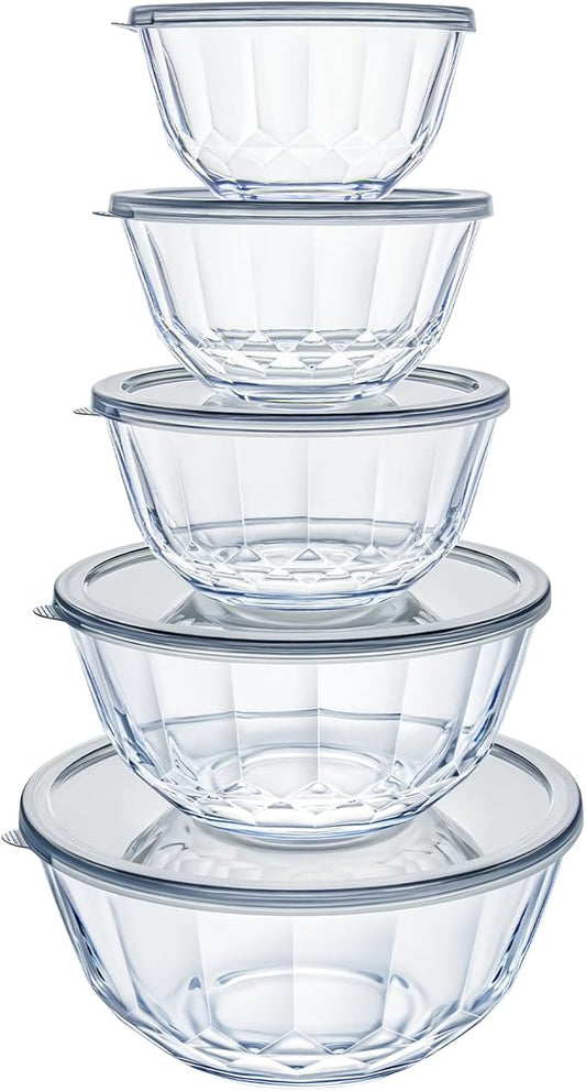 Luvan 5-Piece Glass Mixing Bowls Set with Lids - Clear Salad Bowls with Lids Set, Diamond Pattern Large Glass Mixing Bowl for Baking Prep, Serving & Storage