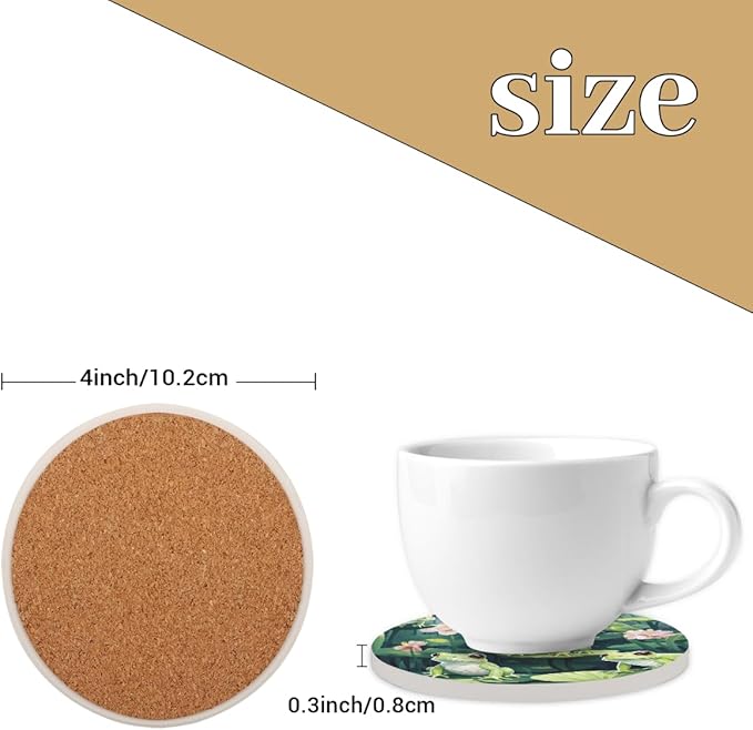 Lotus Leaves Frogs Round Coasters Set of 2, Absorbent Ceramic Coaster with Cork Base, Bar Coasters for Drinks Coffee Mugs Tea Cups Wine Glasses Home Decor Gifts (4 inches Diameter)