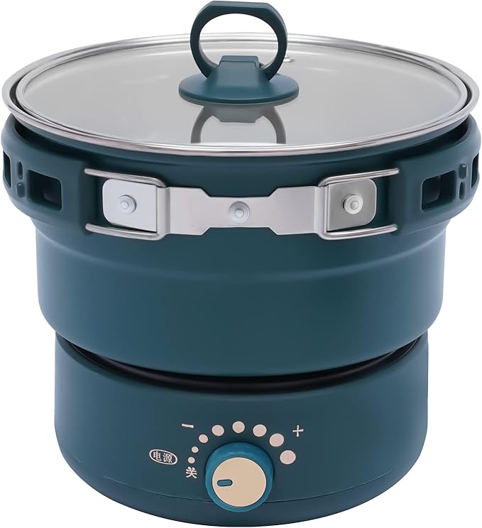 Portable Electric Hot Pot 500W 1.6L with Foldable Handles Non-stick Frying Pan Mini Hot Pot Multi-Functional Ramen Noodle Cooker with Power Adjustment for Noodles Steak Cooker Eggs StirFrying (Green)
