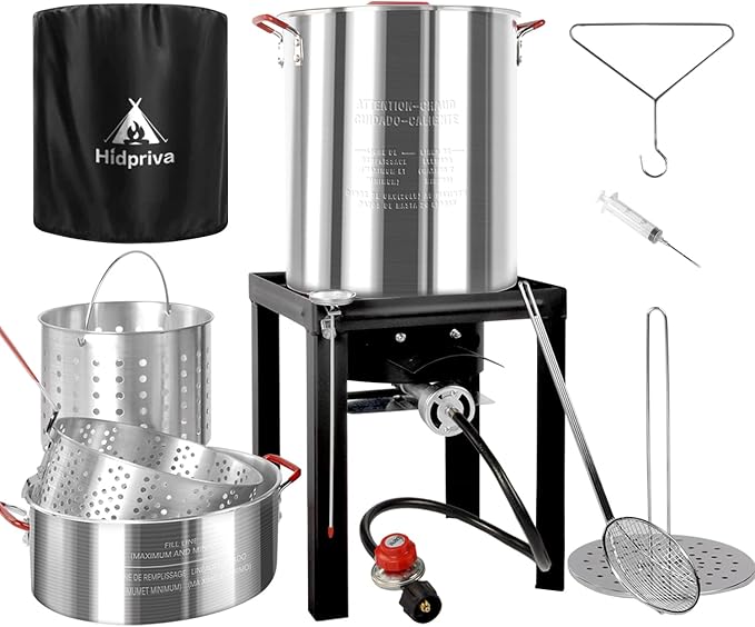 Hidpriva 30QT Turkey Fryer & 10QT Fish Fryer Kit, Waterproof Cover & 12-inch Skimmer, 55,000BTU Propane Burner Stove, Aluminum Turkey Fryer Pot, Outdoor Deep Fryer, Crawfish Boiler with Basket