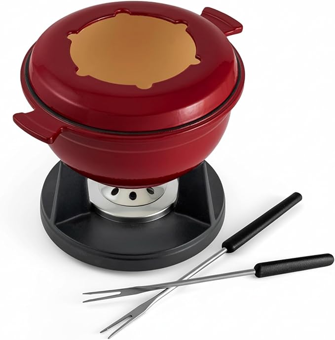 Swissmar Lucerne 10-Piece Cast Iron Fondue Set - Ideal for Melting Cheese, Chocolate, & More - Perfect for Kitchen Collection & Wedding Gift Giving - 2 Liter / 2 Quart - Red