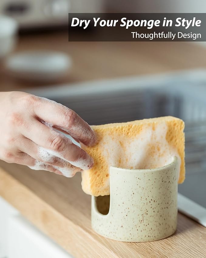 Sponge Holder for Kitchen Sink, Ceramic Dish Sponge Holder Compact Scrubby Daddy Kitchen Organizer Dish Rcak for Sponges, Scrubbers, Yellow