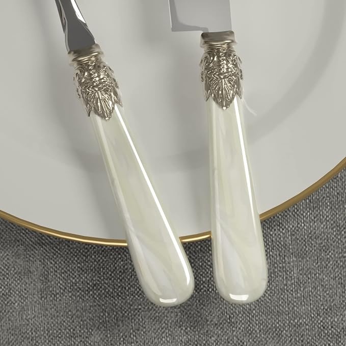 CATHYLIN Wedding Cake Knife and Serve Set, Fancy Hand Craft Italian Style Design, Pearl Pie Knife Server Set, Vintage Silverware,Cake Cutter Set, Cake Knife Gift Set, 2 pcs (White)