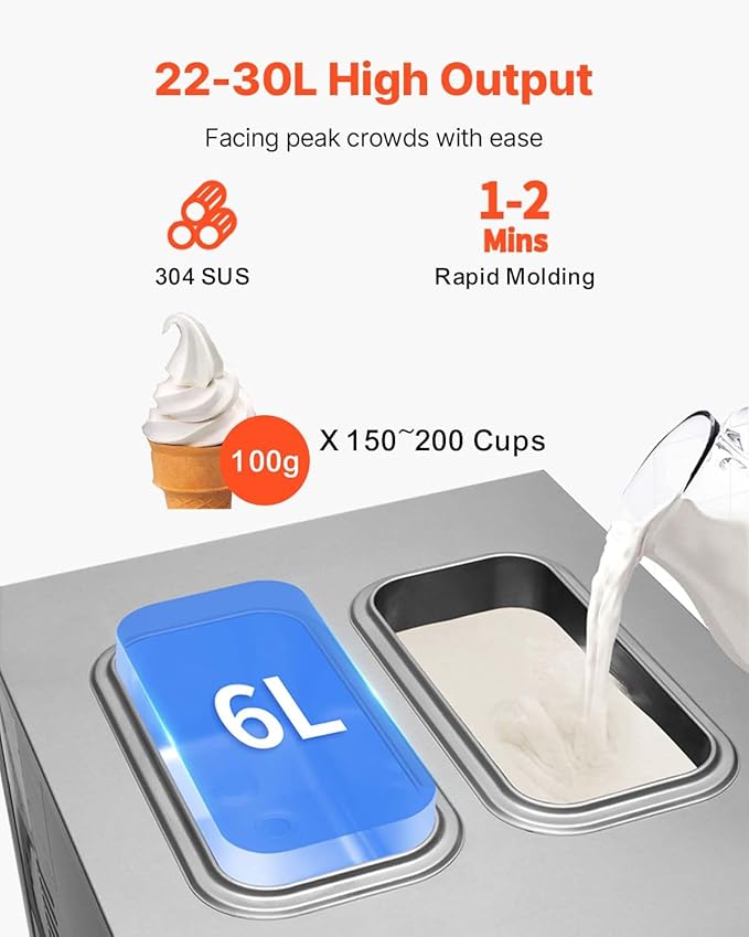 VEVOR Commercial Ice Cream Maker, 22-30L/H Yield, 2350W Countertop Soft Serve Machine with 2x6L Hopper 2L Cylinder LCD Panel Puffing Shortage Alarm, Frozen Yogurt Maker for Restaurant Snack Bar