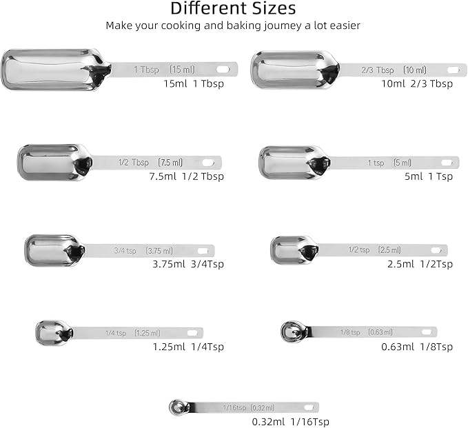 Measuring Spoons Set 10, 18/8 Stainless Steel Measuring Spoons for Kitchen & Baking, Long Handle Metric & US Metal Measure Spoon with 1/16tsp, 3/3tsp, 2/3tbsp for Spice Jar
