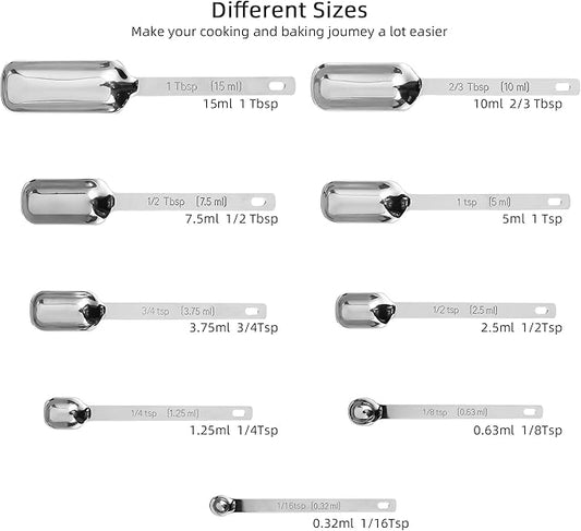 Measuring Spoons Set 10, 18/8 Stainless Steel Measuring Spoons for Kitchen & Baking, Long Handle Metric & US Metal Measure Spoon with 1/16tsp, 3/3tsp, 2/3tbsp for Spice Jar