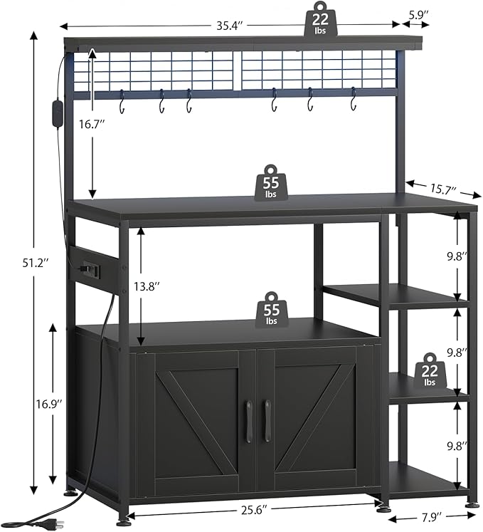 TVU Bakers Rack with Power Outlet and LED Light, Microwave Stand with Storage Cabinet, Coffee Bar Cabinet Station with 6 Hooks for Kitchen, Dining Room, Living Room, Coffee Bar, Black