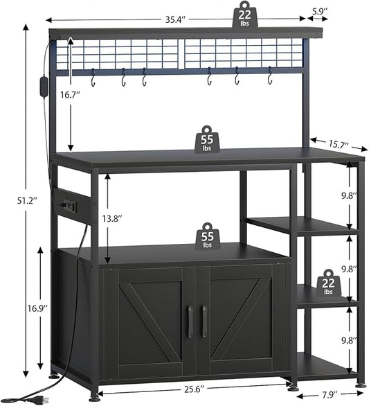 TVU Bakers Rack with Power Outlet and LED Light, Microwave Stand with Storage Cabinet, Coffee Bar Cabinet Station with 6 Hooks for Kitchen, Dining Room, Living Room, Coffee Bar, Black