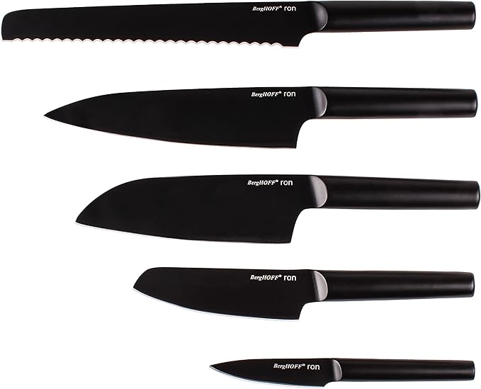 BergHOFF Ron 5Pc Non-stick Kitchen Knife And Wood Block Ergonomically Designed Handle Double-coated Titanium Sharp & Well Balanced Seamless Transition